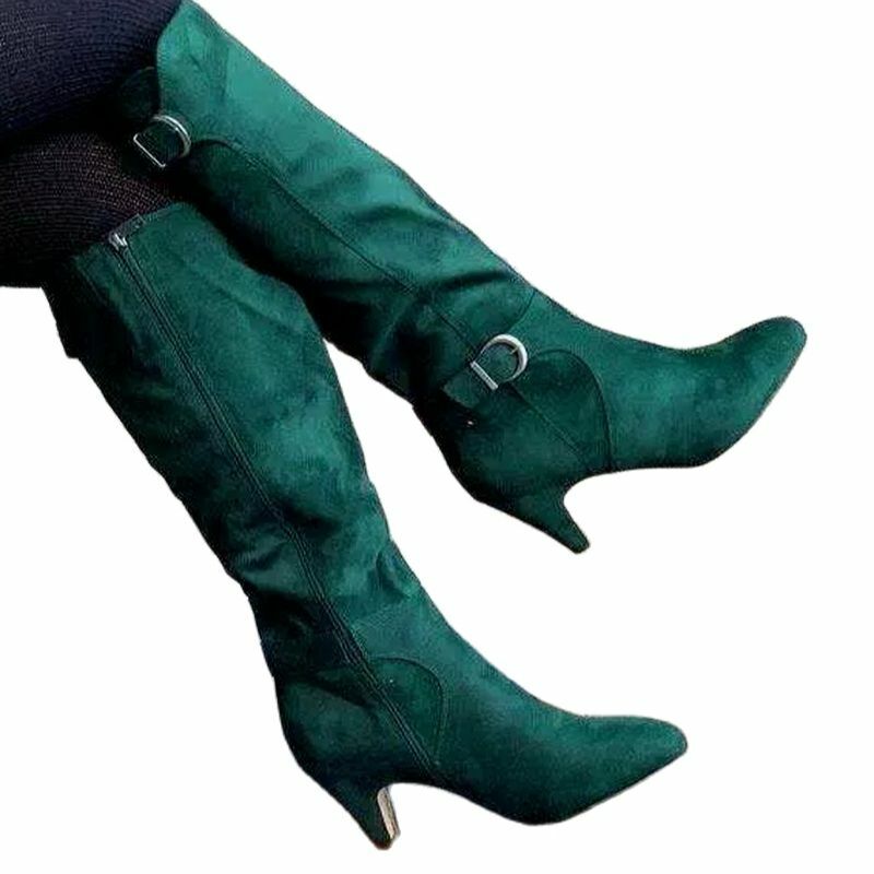 New Arrivals Women Fashion Faux Suede Knee High Spike Heels Pointed Toe Zip Design Casual Modern Boots Botas De Mujer KE311