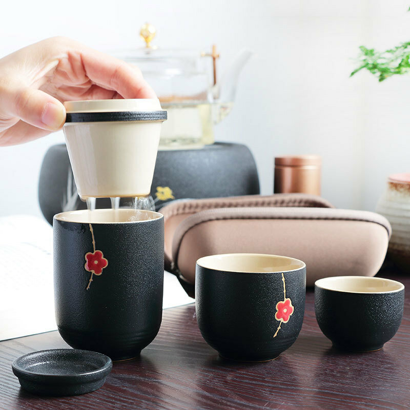 Портативная керамическая концентрическая чашка черного цвета, Сливовый цветок, дорожный Экспресс-горшок, три чашки с керамическим фильтро...