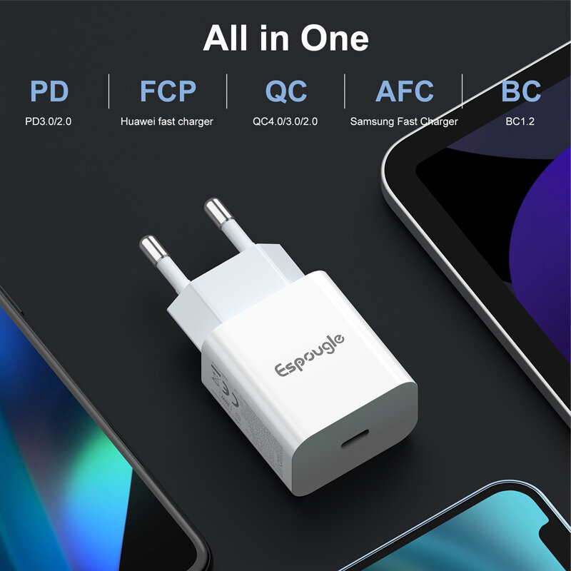 Espugle – chargeur USB type-c rapide 4.0 3.0 QC 20W PD, pour téléphone iPhone 12 Pro Max 11 Mini 8 Plus Xiaomi