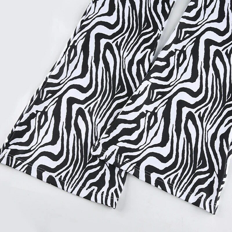 Calças femininas de cintura alta em linha reta com zebra-stripe esfregando solto calças largas de perna listrada estampado calças nyz shop