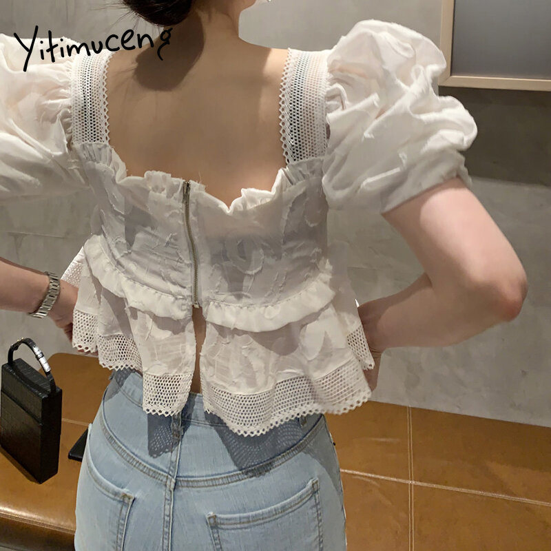 Yitimuceng خمر الأزهار طباعة قميص المرأة Ruched بلوزات كبيرة الحجم الكورية موضة الكشكشة بلوزة قصيرة نفخة الأكمام 2021 الصيف