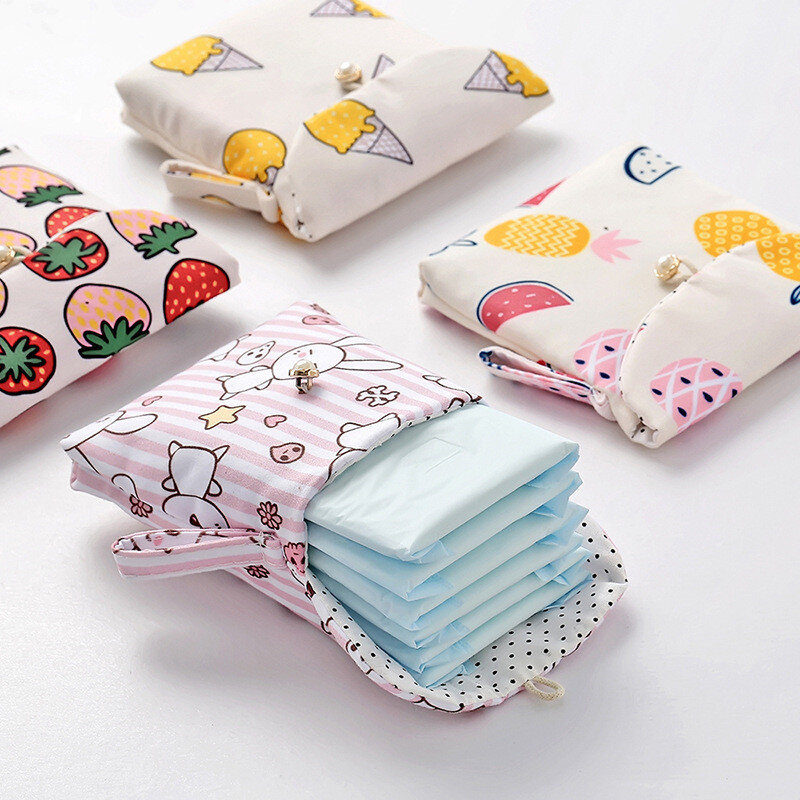 1pcs Sanitary Bag Cute Cartoon Cotton Fabric Napkin Storage Bag Large Capacity Women Sanitary Storage Bag Credit Card Organizer