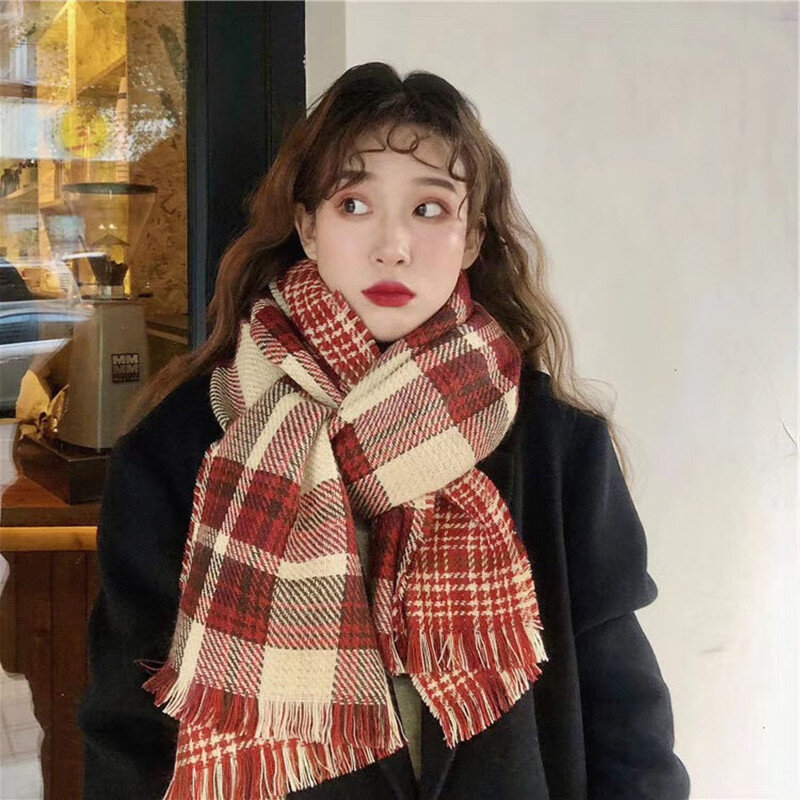 Женский клетчатый кашемировый шарф, Универсальный красный шарф в Корейском стиле с бахромой «гусиные лапки», ретро-шарфы в британском стиле, зима 2021