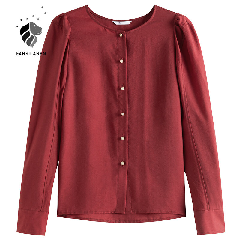FANSILANEN – chemise à manches bouffantes pour femmes, coupe fine, col rond, couleur unie, haut à carreaux, printemps, 2021