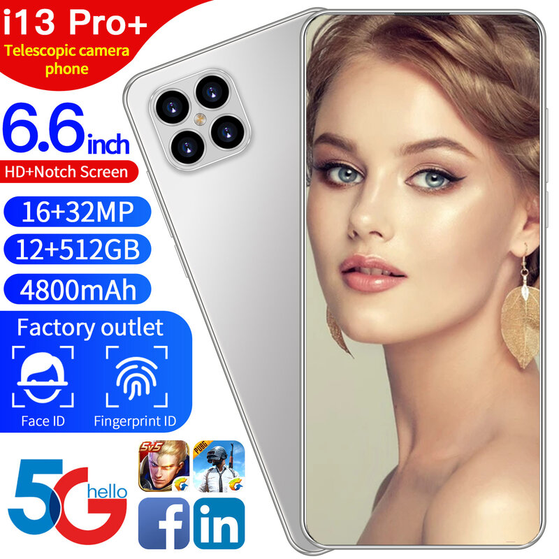 Смартфон I13 Pro, телефон с экраном 6,6 дюйма, 12 Гб, 512 ГБ, аккумулятор 4800 мАч, процессор Snapdragon 888, камера 16 МП, 32 МП, функция распознавания лица