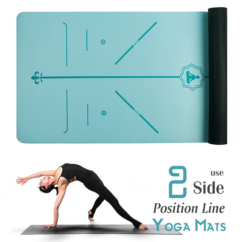 Tapis de yoga TPE, double-face avec repères de position pour débutant,antidérapant pour des exercices de Pilates, gym, fitness et gymnastique, 183x60 cm,