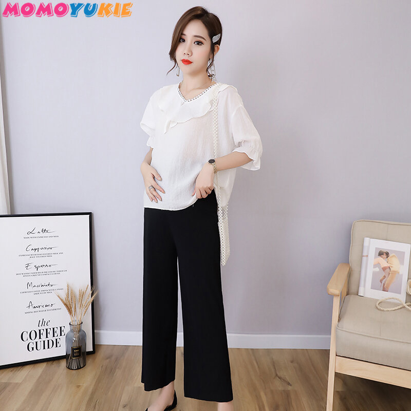 9/10 Length Thin Wide Leg Maternity Pants Elastic Waist Belly Trousers Clothes for Pregnant pant Women OL Formal Work Pregnancy