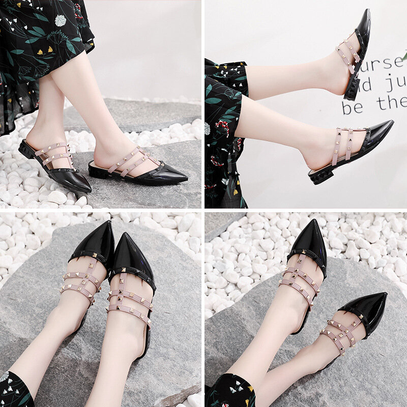 Sandalias con remaches puntiagudos para mujer, zapatillas de tacón grueso, de medio paquete, novedad de verano