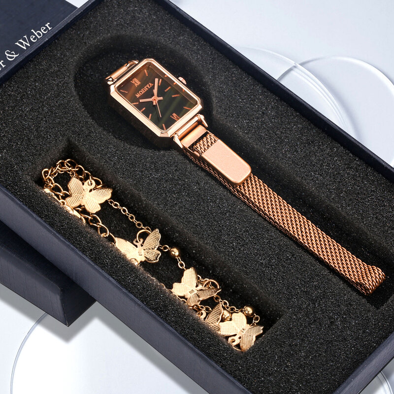 Frauen Uhren Fashion Square Damen Quarzuhr Armband Set Grün Dial Einfache Rose Gold Mesh Luxus Frauen Uhren