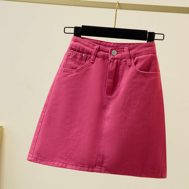 ارتفاع الخصر الدنيم تنورة قصيرة الإناث 2021 موضة جديدة النسخة الكورية ضئيلة الورك تنّورة ملفوفة تنورة حمراء على شكل حرف A