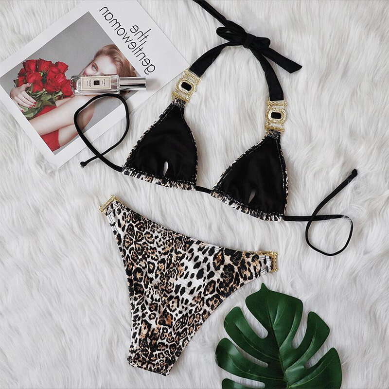 Mossha-bikini con cuello halter para mujer, traje de baño con estampado de leopardo, traje de baño con diamantes, conjunto femenino