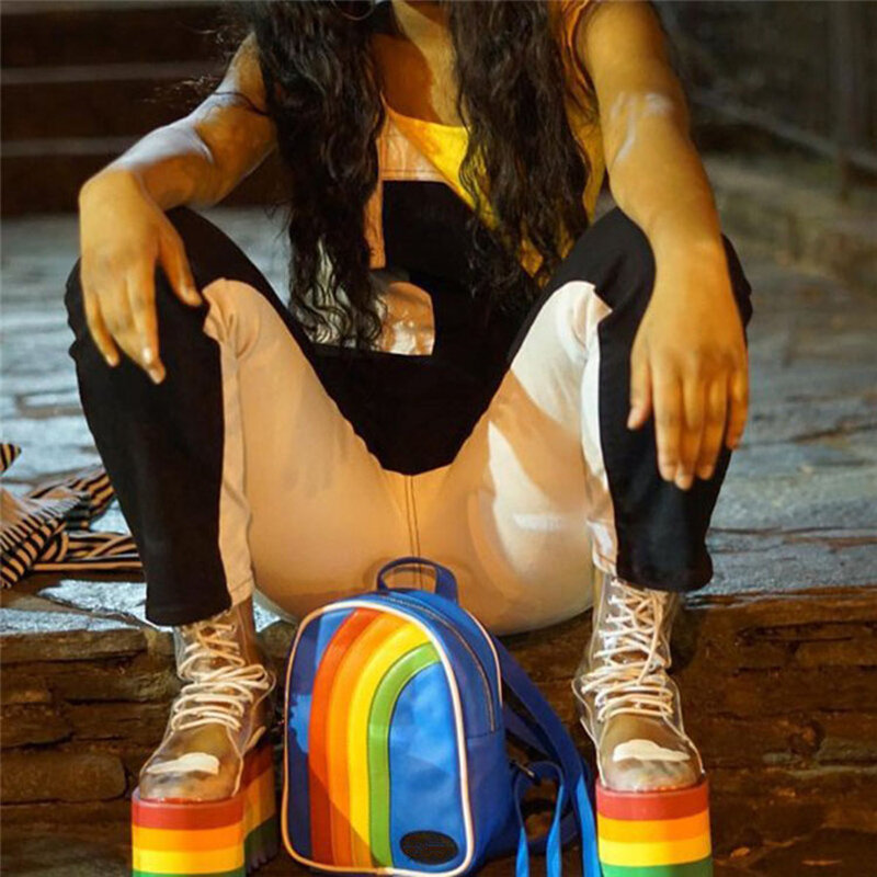 Bota cano alto plataforma do arco-íris, bota curta com salto plataforma, sola grossa, pvc, para boate noturno, bolo, 2020