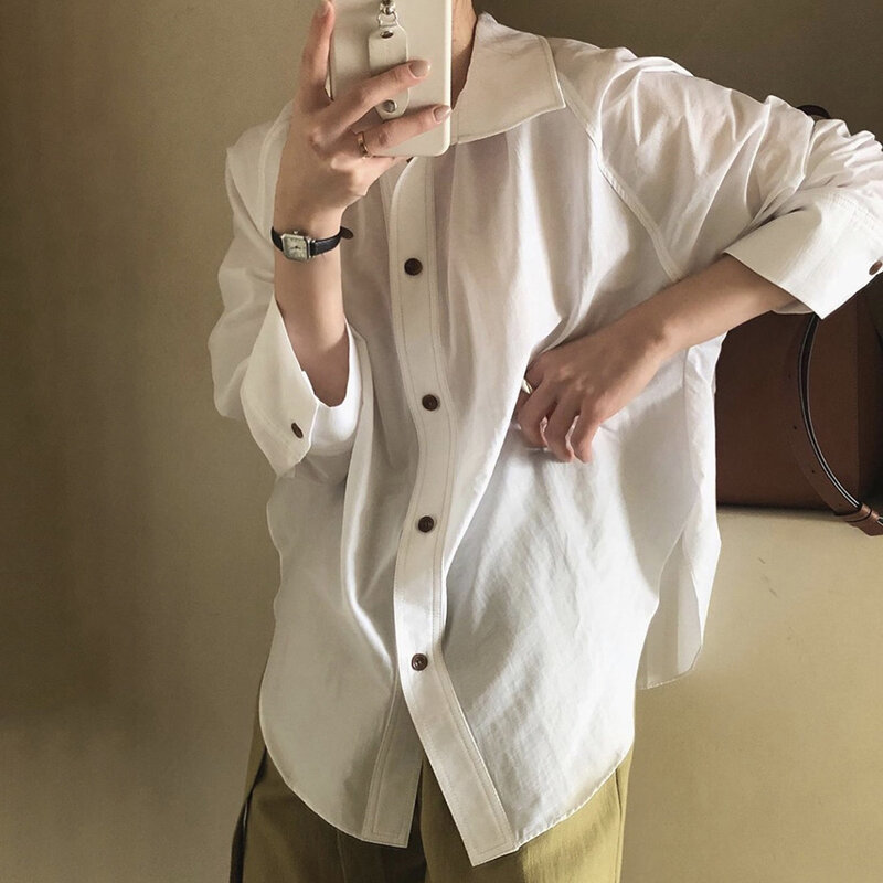 Blusa feminina manga longa com lapela, moda coreana nova blusa solta simples casual com lapela de cor sólida para outono 2021