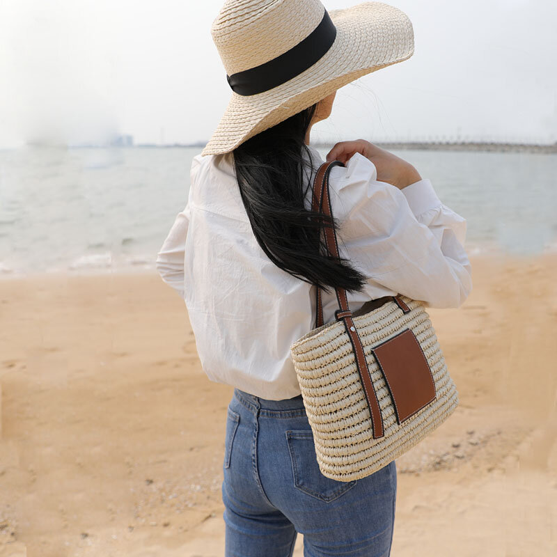 المرأة عادية سلة مغزولة سعة كبيرة حمل مصمم مخطط القش حقائب القش حقيبة كتف الصيف الشاطئ حقيبة تسوق