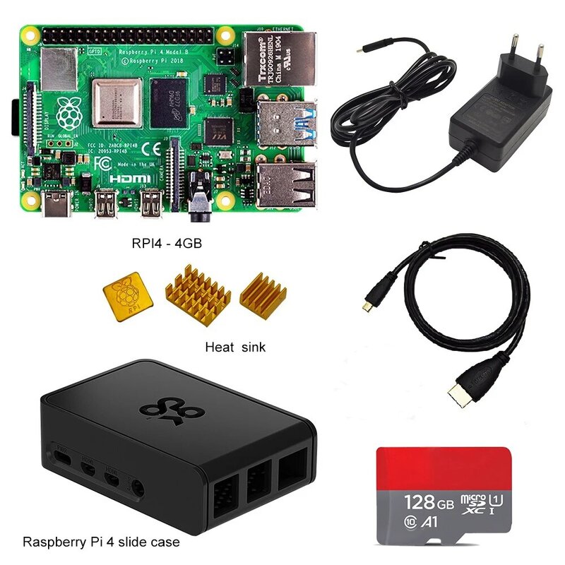 Officiële Raspberry Pi 4 Kit Raspberry Pi 4 Model B Pi 4B 2Gb/4Gb: board + Koellichaam + Power Adapter + Case + 32/64/128Gb Sd