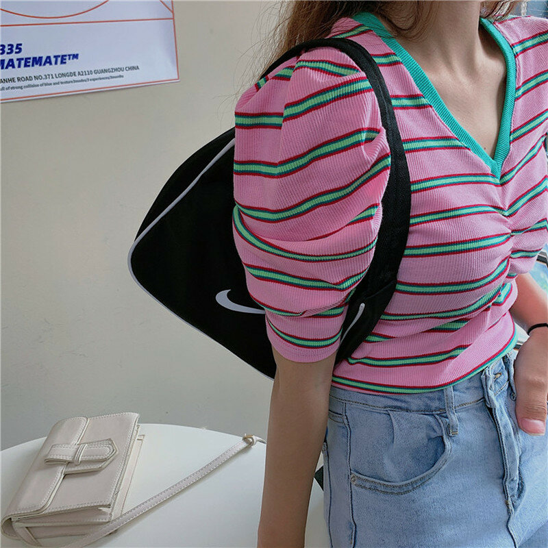 2020 sommer Vintage Design Frauen Tops Pullover Pullover Puff Sleeve Kontrast Striped Süße Mädchen Shirts V-ausschnitt Komfort Kleidung