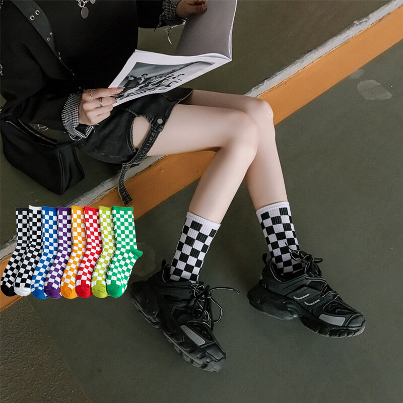 Chaussettes à carreaux géométriques Harajuku pour femmes et hommes, tendance coréenne, Hip Hop, coton, Streetwear, unisexe, nouveauté