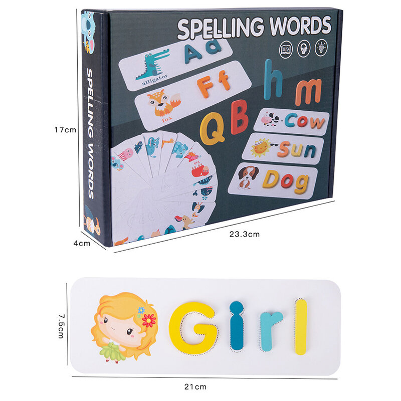 Mainan Edukasi Permainan Puzzle Kata Ejaan Kayu untuk Anak-anak Baru Kartu Alfabet Inggris Mainan Pembelajaran Huruf Blok Kayu