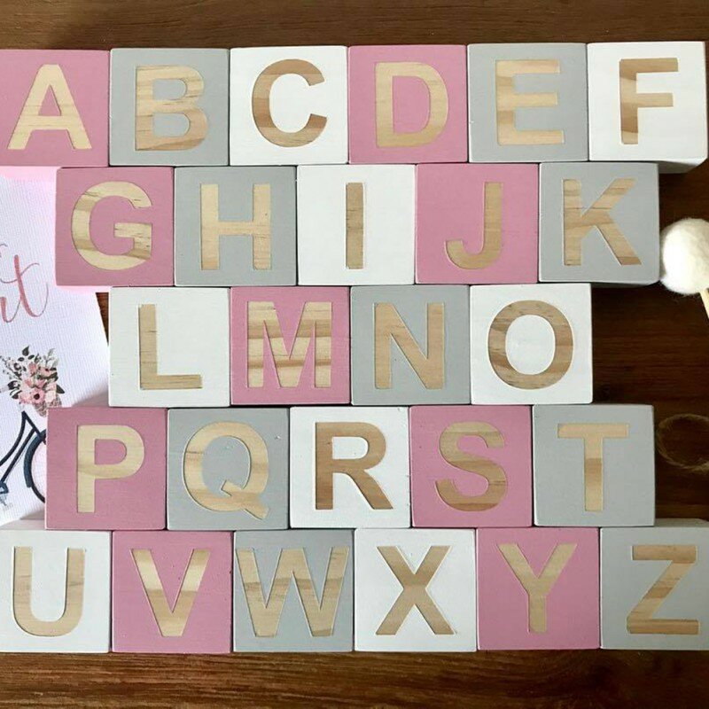 Madeira maciça inglês carta bloco casa artes e artesanato do bebê ensino decoração educação criança blocos de construção de duas cores