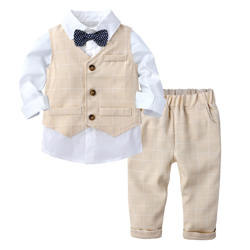 3Pcs Kids Boys Spring Suits Long Sleeves Shirt + Vest Pants Baby Boy's Wedding Suits Birthday Party Gentleman Childrens' Sets