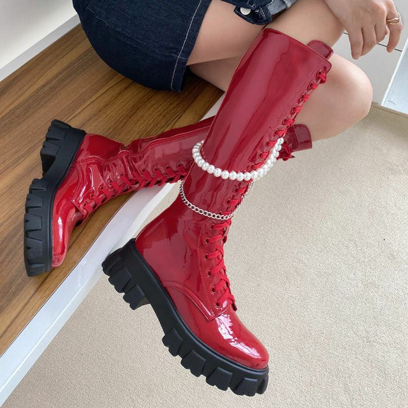 Autumn and Winter New Round Toe Thick Heel Waterproof Platform High Boots Female Side Zipper Pearl Metal Chain Knee-length Boots