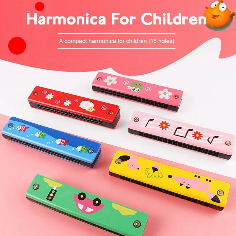 Armónica de madera para niños, instrumentos musicales de 16 agujeros, de doble fila, con dibujos animados a Color