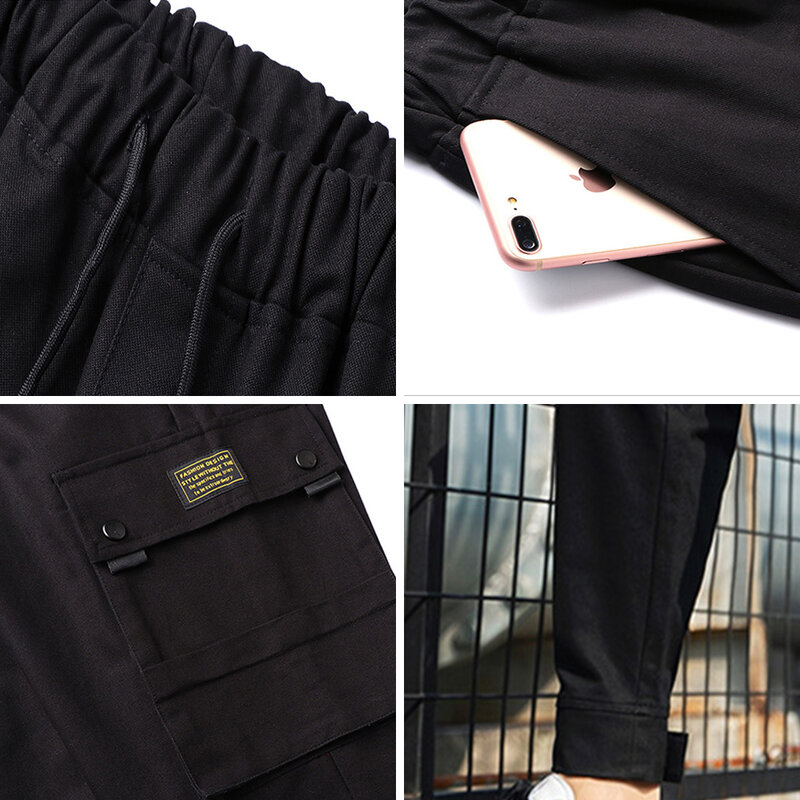 2021 Spring Autumn Casual Cargo Pants Men Cotton Solid Drawstring Pockets Korean Fashion Loose Fit Ankle Length Pants Men 5XL