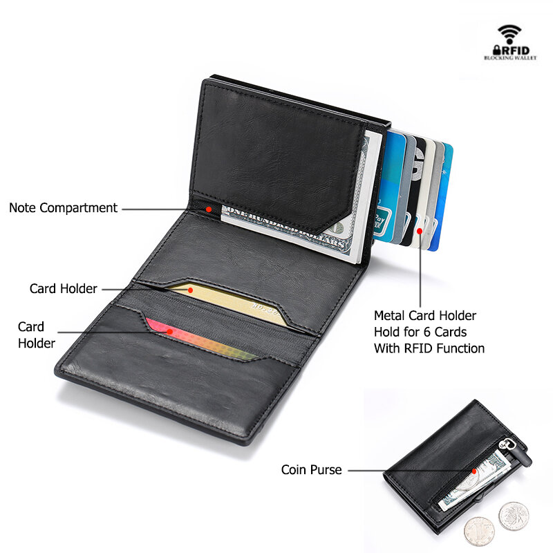 Tarjetero con nombre personalizado RFID para hombre y mujer, billetera de cuero magnética delgada, Tarjetero con compartimento y monedero