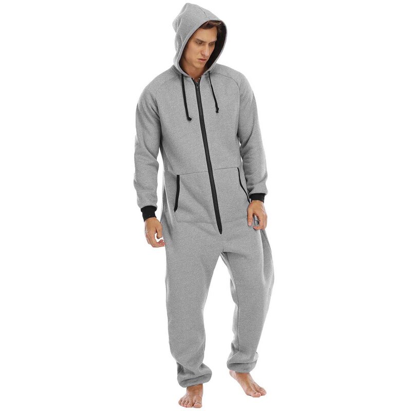 Pakaian Pria Jumpsuit Tidur Musim Gugur Romper Zip-Up Lengan Panjang Bertudung Warna Solid dengan Saku untuk Rumah Santai 3 Warna