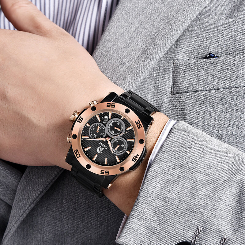 Caesar-Reloj de pulsera de cuarzo para hombre, cronógrafo Masculino, de lujo, color oro rosa, negro, resistente al agua