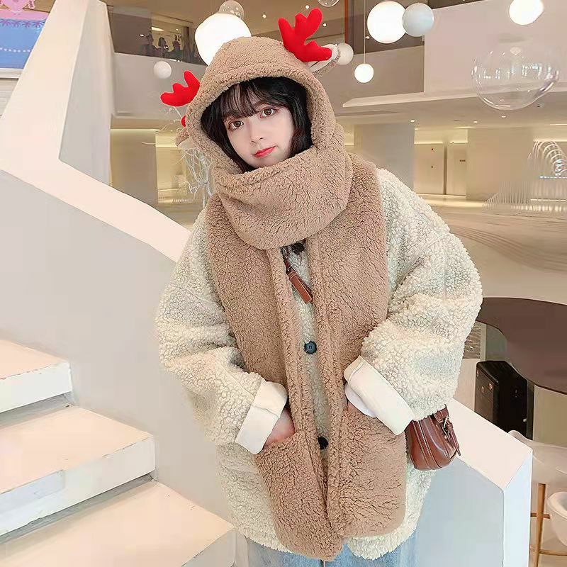 2021 New Christmas Antlers Hat All-Match Scarf Gloves Three-Piece Suit Female Winter Cute Plush Thick Warm Scarf Winter Travel