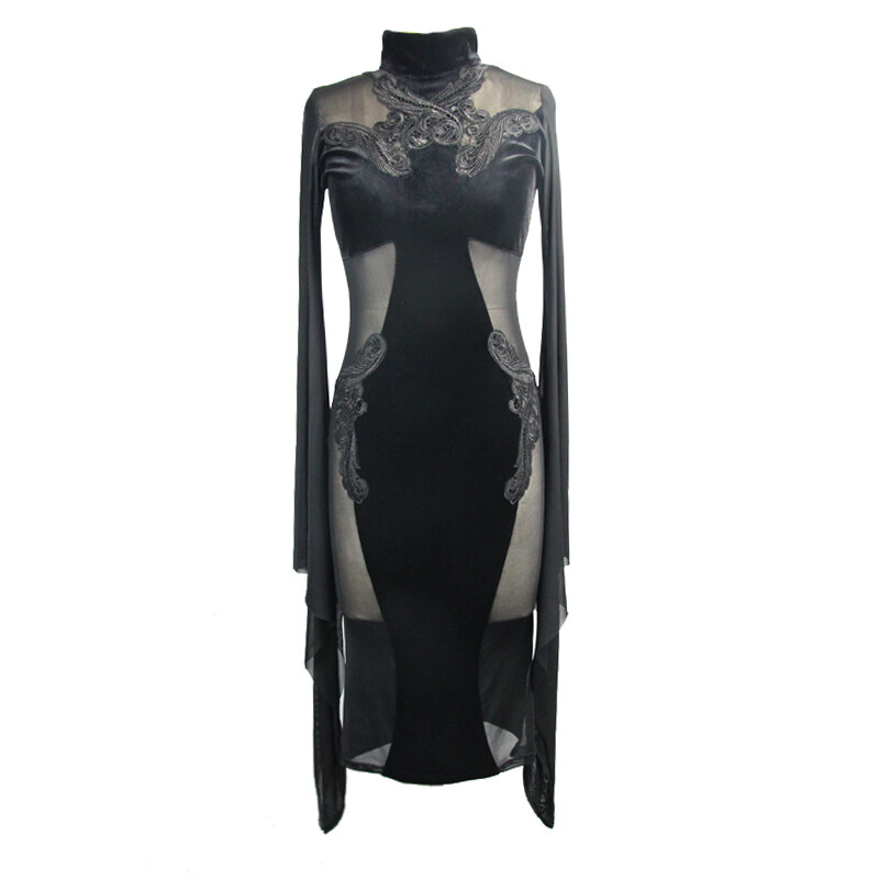 Women Dress Gothic Long Sleeve Dress Vintage Sexy High Neck Tight Party Club Trumpet Sleeve Sleeves Half Dresse