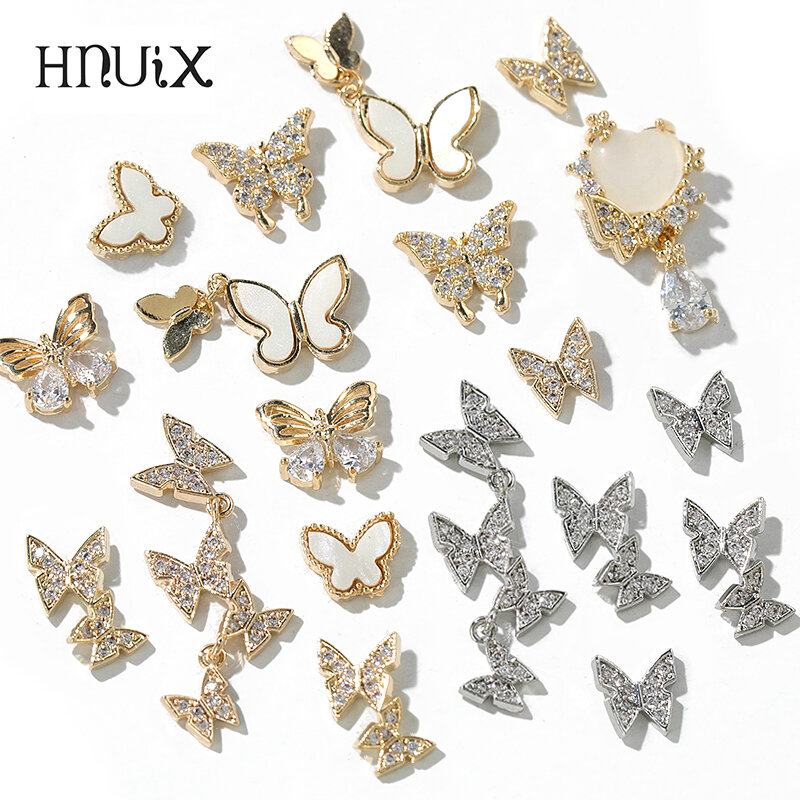 HNUIX-2 piezas de adorno de mariposa para uñas, decoración de uñas con diamantes de imitación de circón, gemas de mariposa, aleación de uñas, nail art