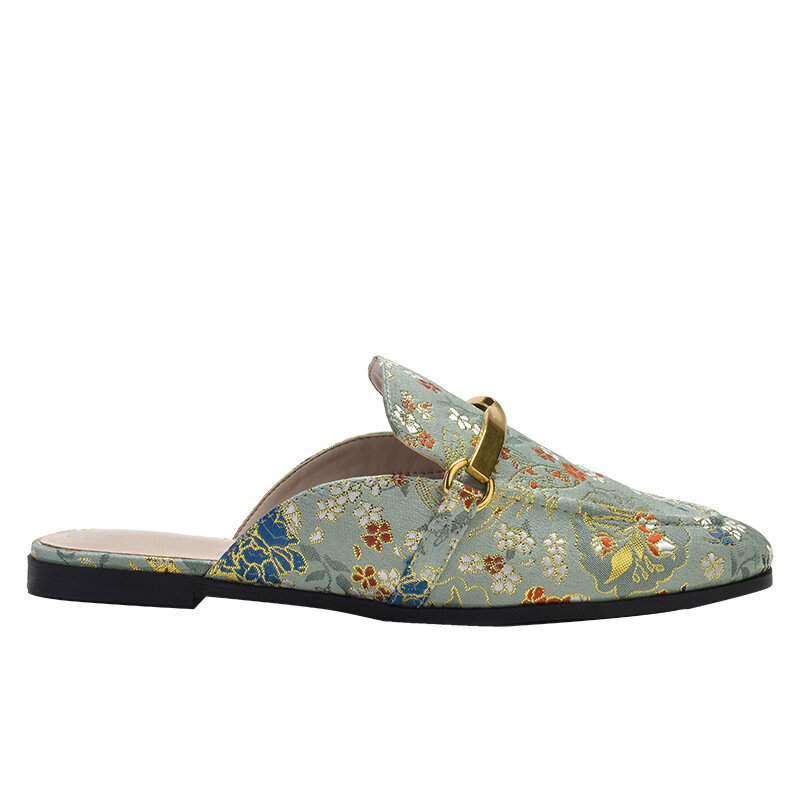 Sandálias baotou rasteirinhas para mulheres, chinelos de metal bordado, com flores, sapatos preguiçosos, chinelos deslizantes de verão, 2021