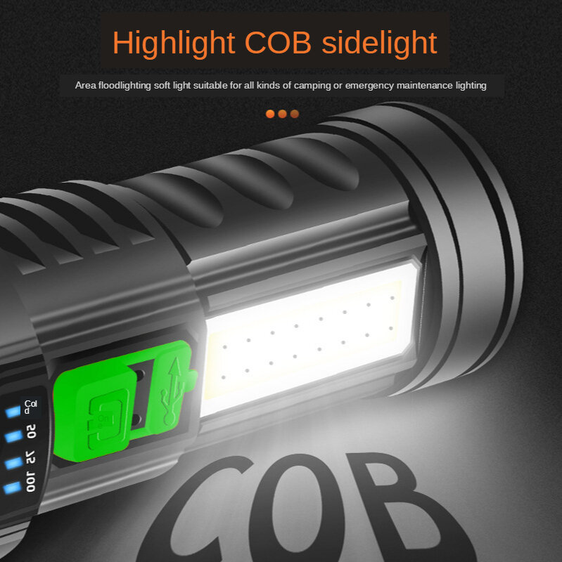 Torcia ricaricabile USB con batteria integrata Set di alimentazione multifunzione COB LED torcia da campeggio a LED per pesca in bicicletta