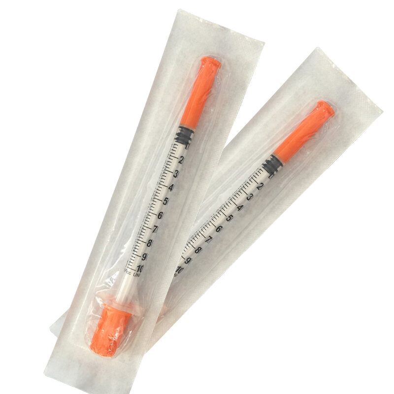 Dispensador líquido plástico estéril 10 pces/20 pces/50 pces/100 pces 1ml da seringa da insulina da segurança descartável tampão alaranjado