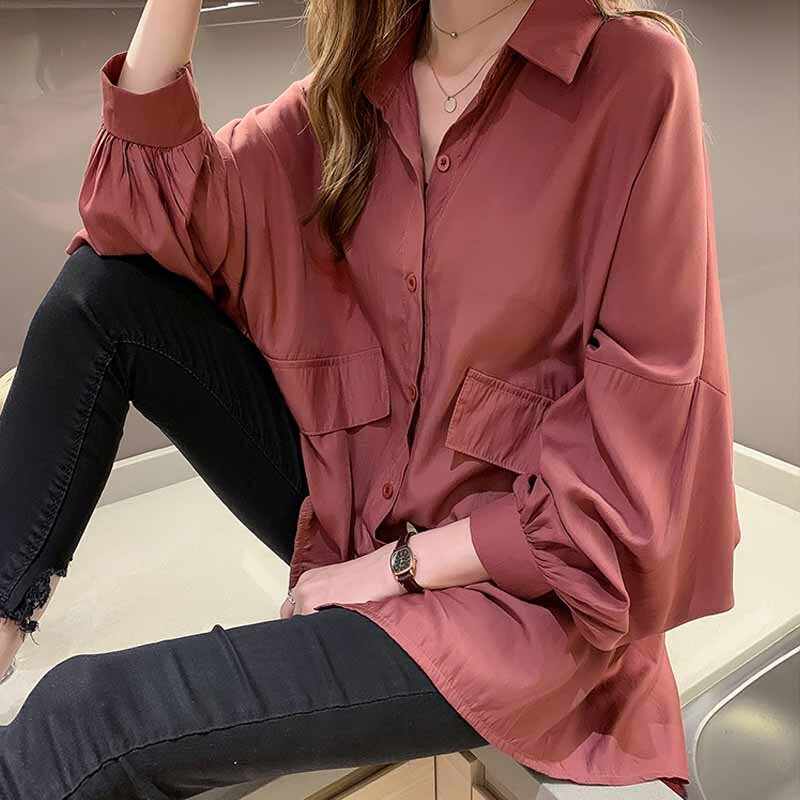 Koreaanse Plus Size 2021 Lange Shirt Vrouwen Casual Tops Voorjaar Lantaarn Mouw Losse Witte Blouse Shirts Office Solid Blouses 12675