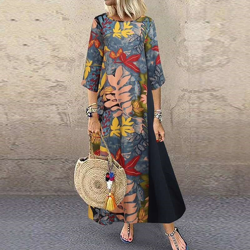 Elegan Bunga Musim Semi Musim Gugur Wanita Penyambungan Gaun Kasual Setengah Lengan Plus Ukuran Gaun Vintage Fashion Jubah Vestidos