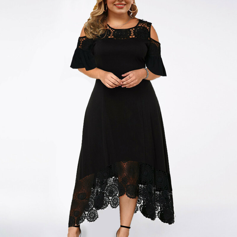 Plus Size Women Sexy Ruffle Strapless Splicing  Lace Splicing Short Sleeve Dress Club Night Outfits Long Dress Ladies Elegant