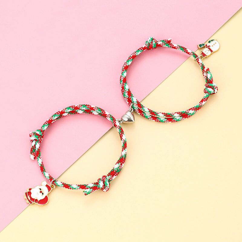 2pcs Couple Magnet Bracelet Set Christmas Santa Claus Enamel Charm Attraction Rope Couple Pendant Bracelet Xmas Jewelry 2022