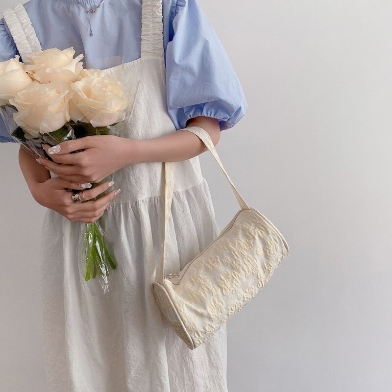 Sac à main en toile pour femmes, sac à bandoulière tricoté à fleurs, pochette ronde fourre-tout avec fermeture éclair, sacs sous-aisselles rétro en tissu L41B