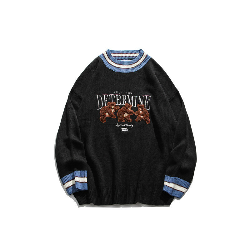 Dropshipping niedźwiedź Patchwork w paski swetry swetry z dzianiny Streetwear Hip Hop Harajuku luźny pulower dzianiny męskie stylowe topy