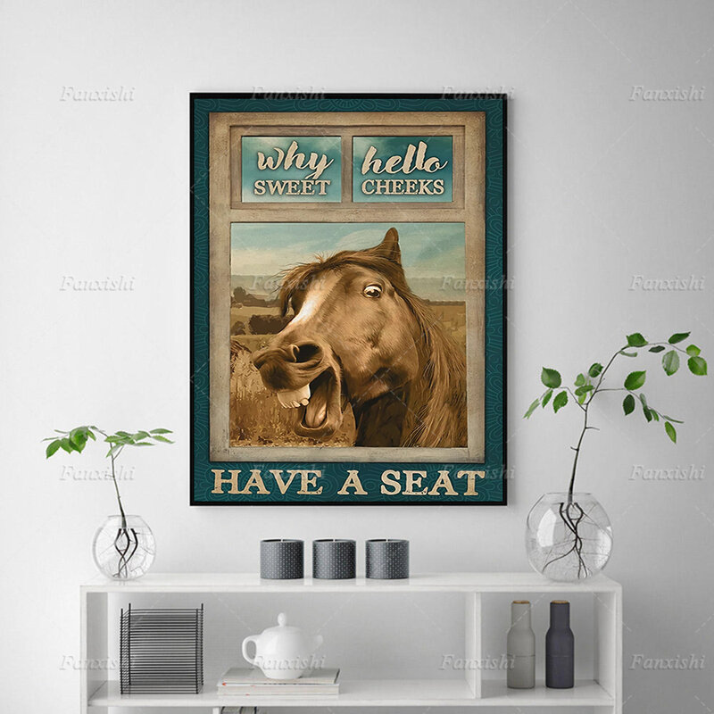 Affiche humoristique avec motifs de Hello Cheeks has A Seat Horse, impressions murales nordiques, peinture sur toile avec animaux rétro, décor d'images modulaires
