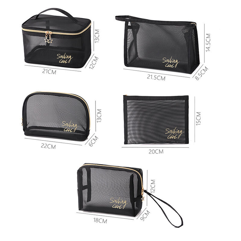 Bolsa de malla negra con cremallera, organizador cosmético de viajes, estuche para artículos de tocador diario, accesorios, bolso