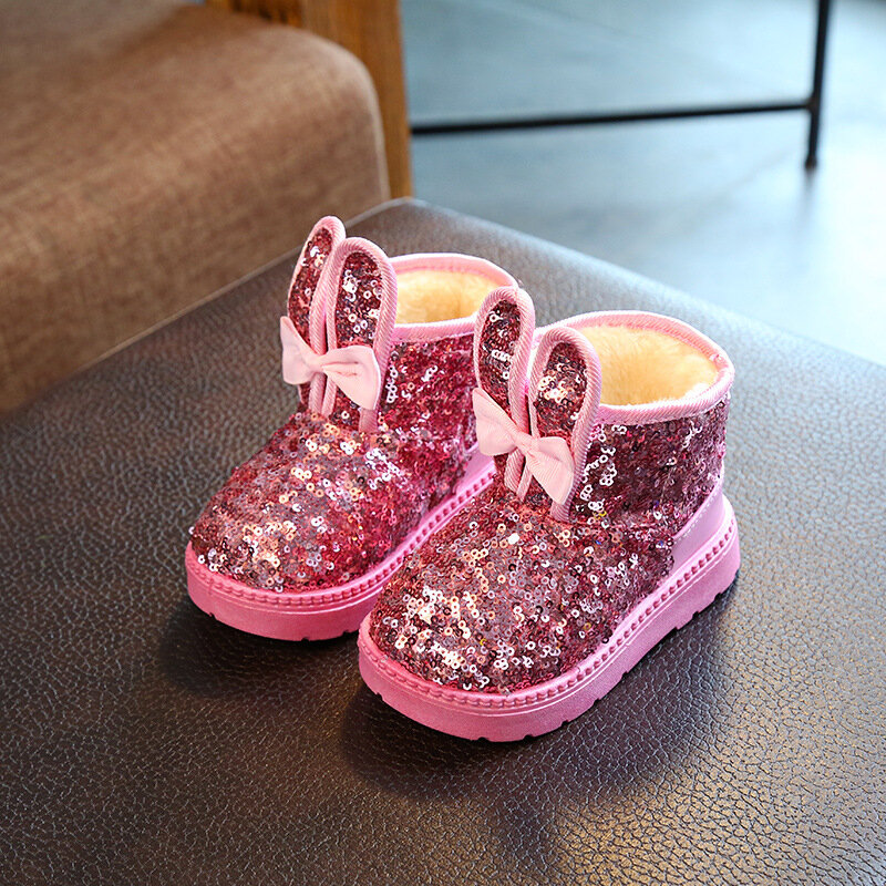 Botas de nieve de felpa para niños y niñas, zapatos informales de lentejuelas a la moda, zapatillas de deporte, zapatos de tobillo para bebés