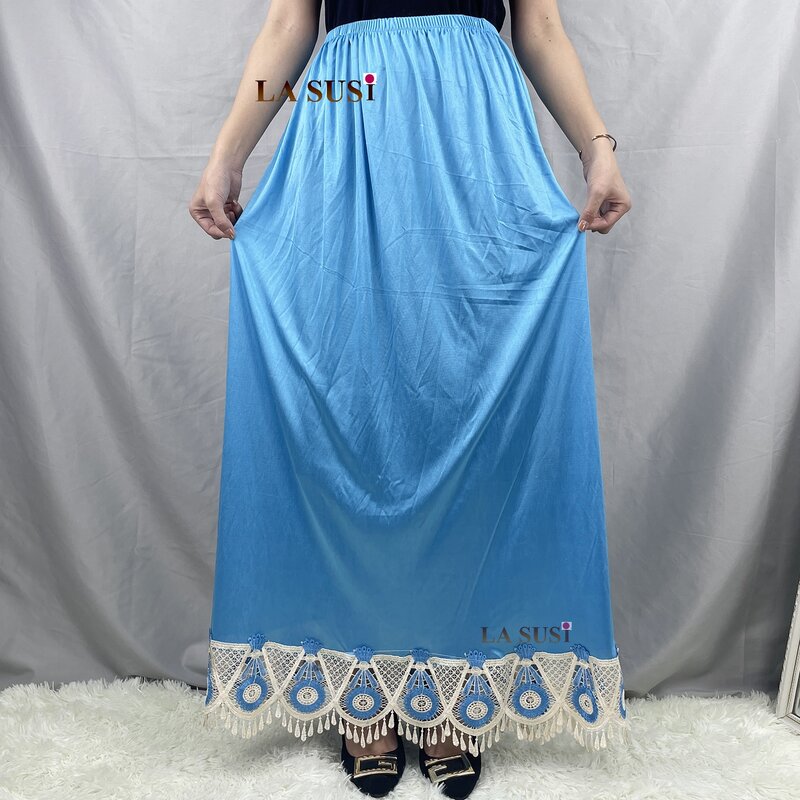 플러스 사이즈 새로운 이슬람 여성 편안한 롱 스커트 레이스 무릎 길이 탄성 높은 허리 플레어 플레 티드 스윙 스커트 여름 드레스