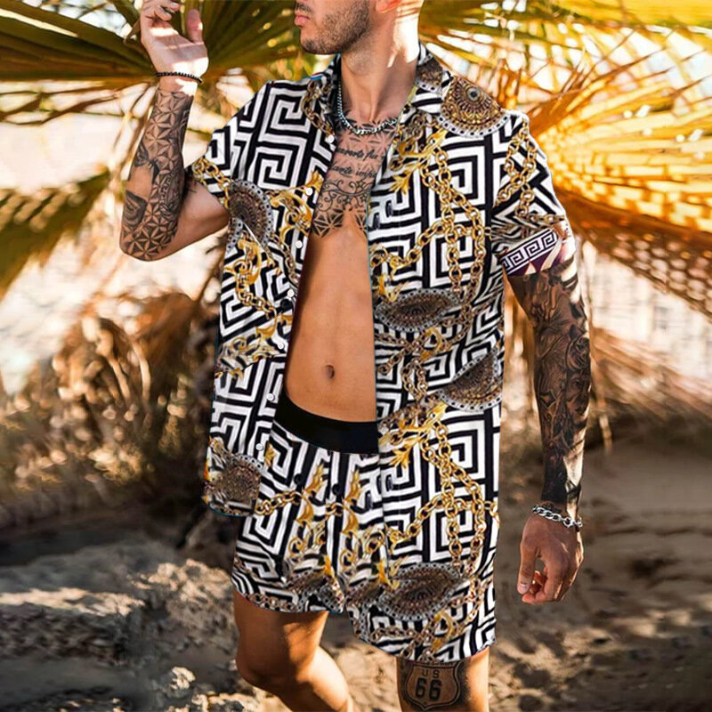 2021 mężczyźni plaża ubranko z krótkim rękawem garnitur letni nadruk koszulka z krótkim rękawem w stylu hawajskim elastyczne krótkie spodenki Streetwear Casual męski garnitur 2 sztuk