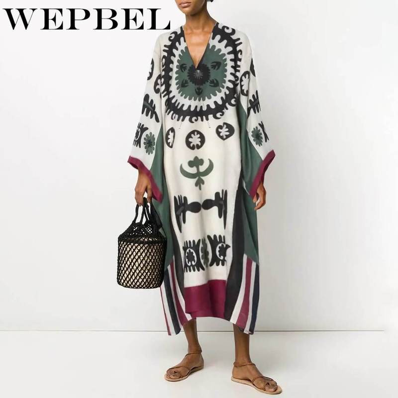 WEPBEL Frauen Sommer Herbst Sexy Kleid Elegante Damen Langarm V-ausschnitt Druck Lose Lange Kleid