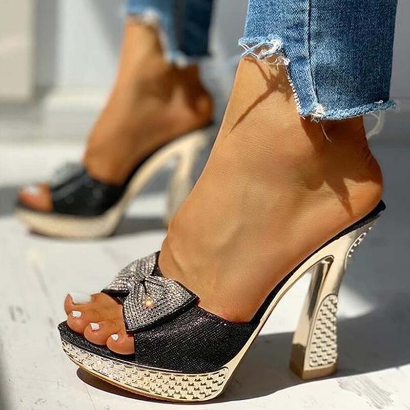 Trendy mody kobiet Bowknot Sexy kapcie 2021 klapki na lato kobiety platformy kryształowe grube szpilki buty kobieta