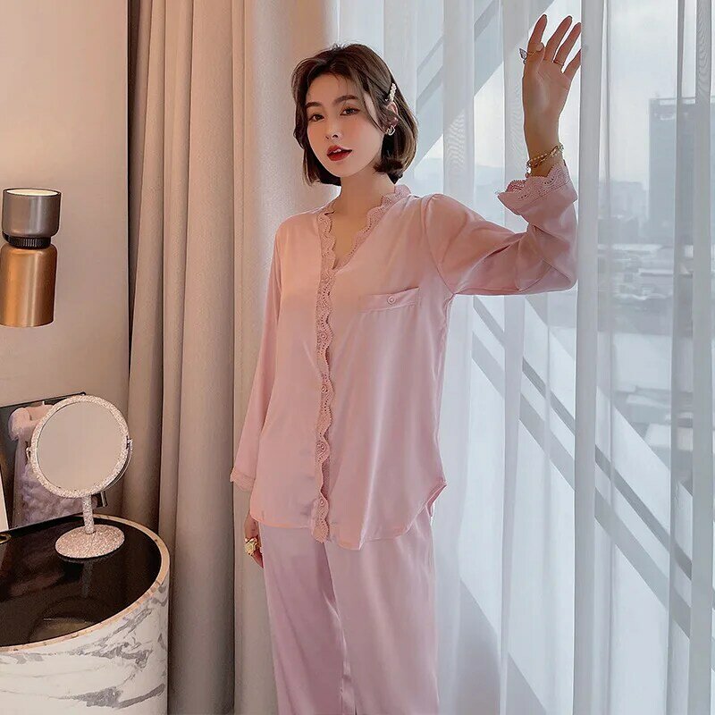 Neue herbst spitze sexy simulation silk pyjamas frauen sweet home service net rot zwei-stück anzug